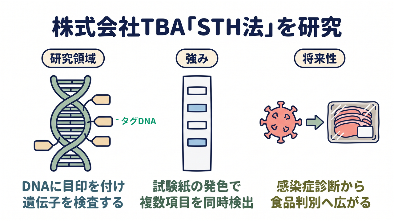 株式会社TBA「STH法」を研究|研究領域=DNAに目印を付け遺伝子を検査する/強み=試験紙の発色で複数項目を同時検出/将来性=感染症診断から食品判別へ広がる