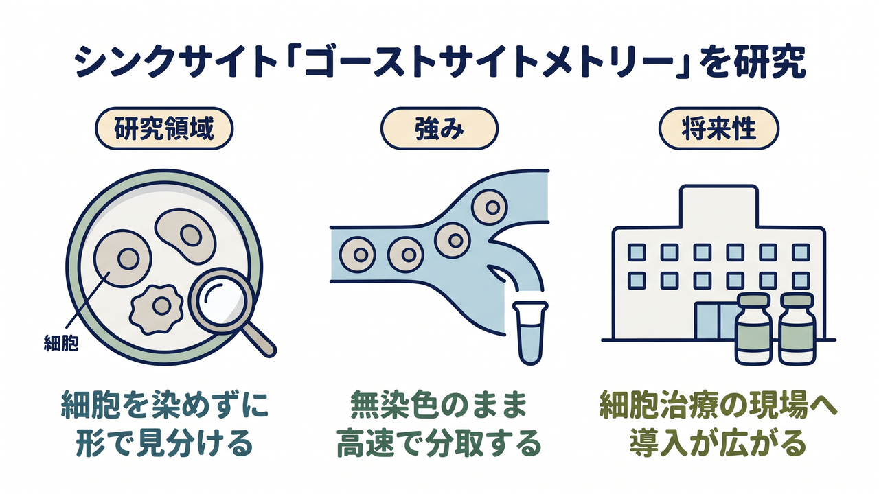 シンクサイト「ゴーストサイトメトリー」を研究｜研究領域=細胞を染めずに形で見分ける／強み=無染色のまま高速で分取する／将来性=細胞治療の現場へ導入が広がる