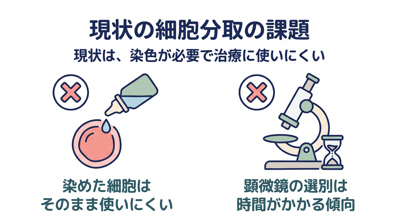 現状の細胞分取の課題｜現状は、染色が必要で治療に使いにくい／染めた細胞はそのまま使いにくい／顕微鏡の選別は時間がかかる傾向