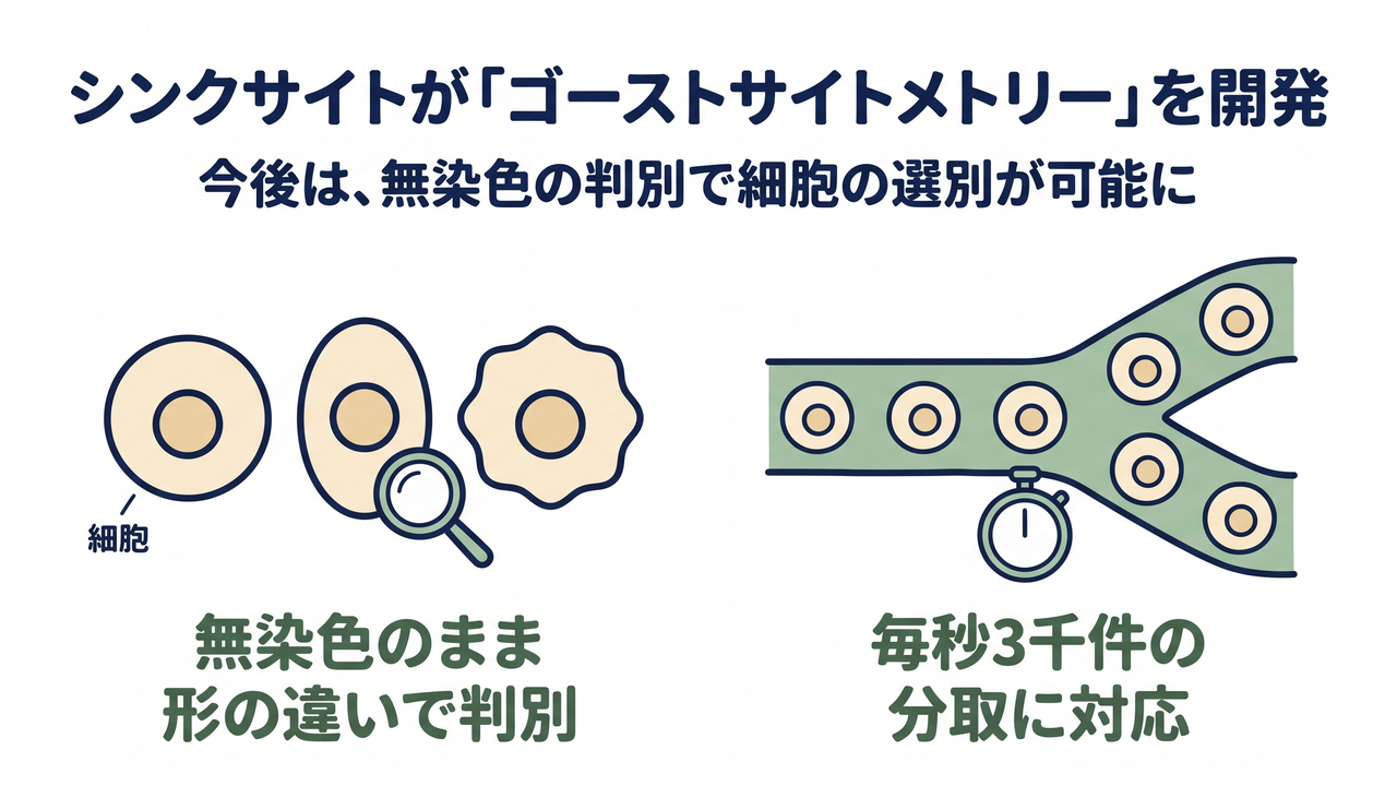 シンクサイトが「ゴーストサイトメトリー」を開発｜今後は、無染色の判別で細胞の選別が可能に／無染色のまま形の違いで判別／毎秒3千件の分取に対応