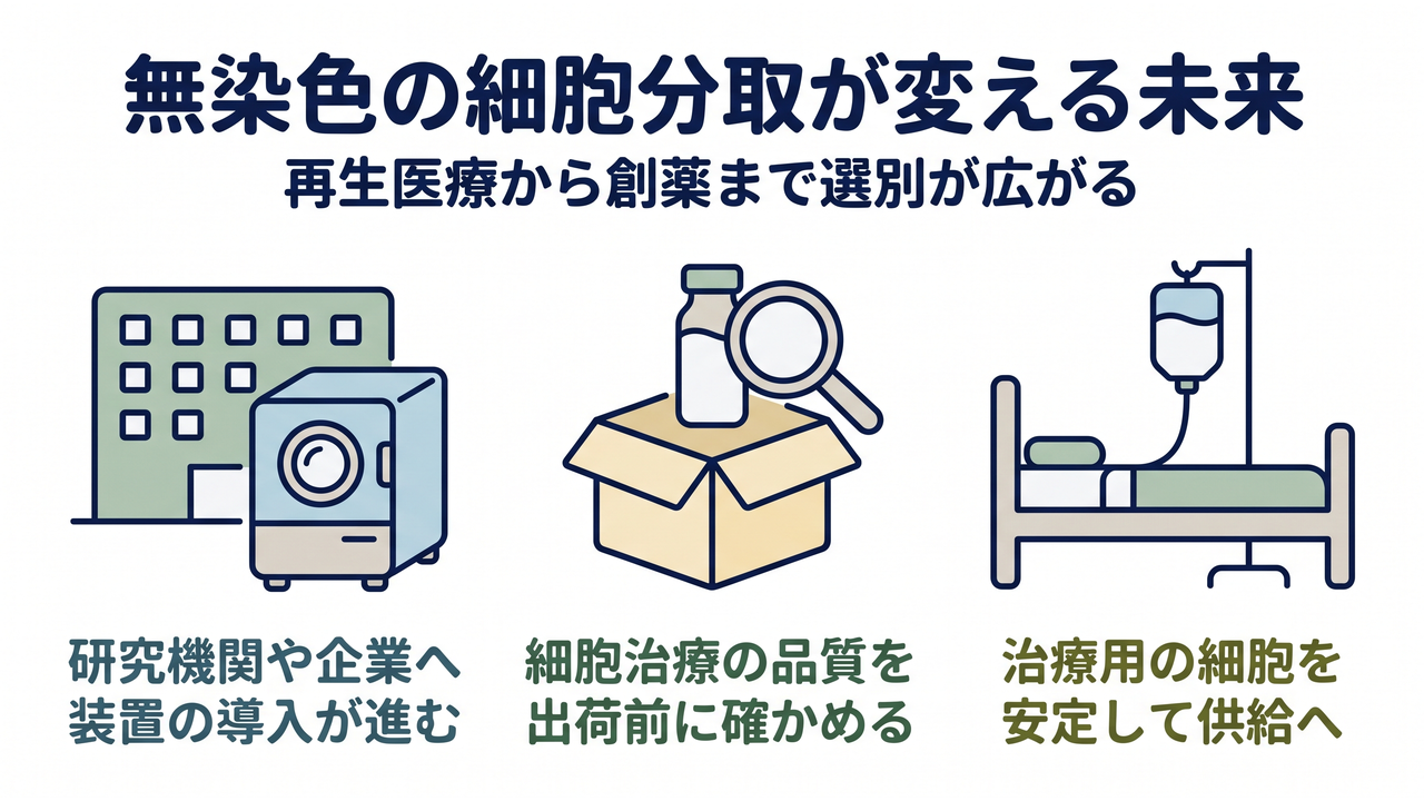 無染色の細胞分取が変える未来｜再生医療から創薬まで選別が広がる／研究機関や企業へ装置の導入が進む／細胞治療の品質を出荷前に確かめる／治療用の細胞を安定して供給へ