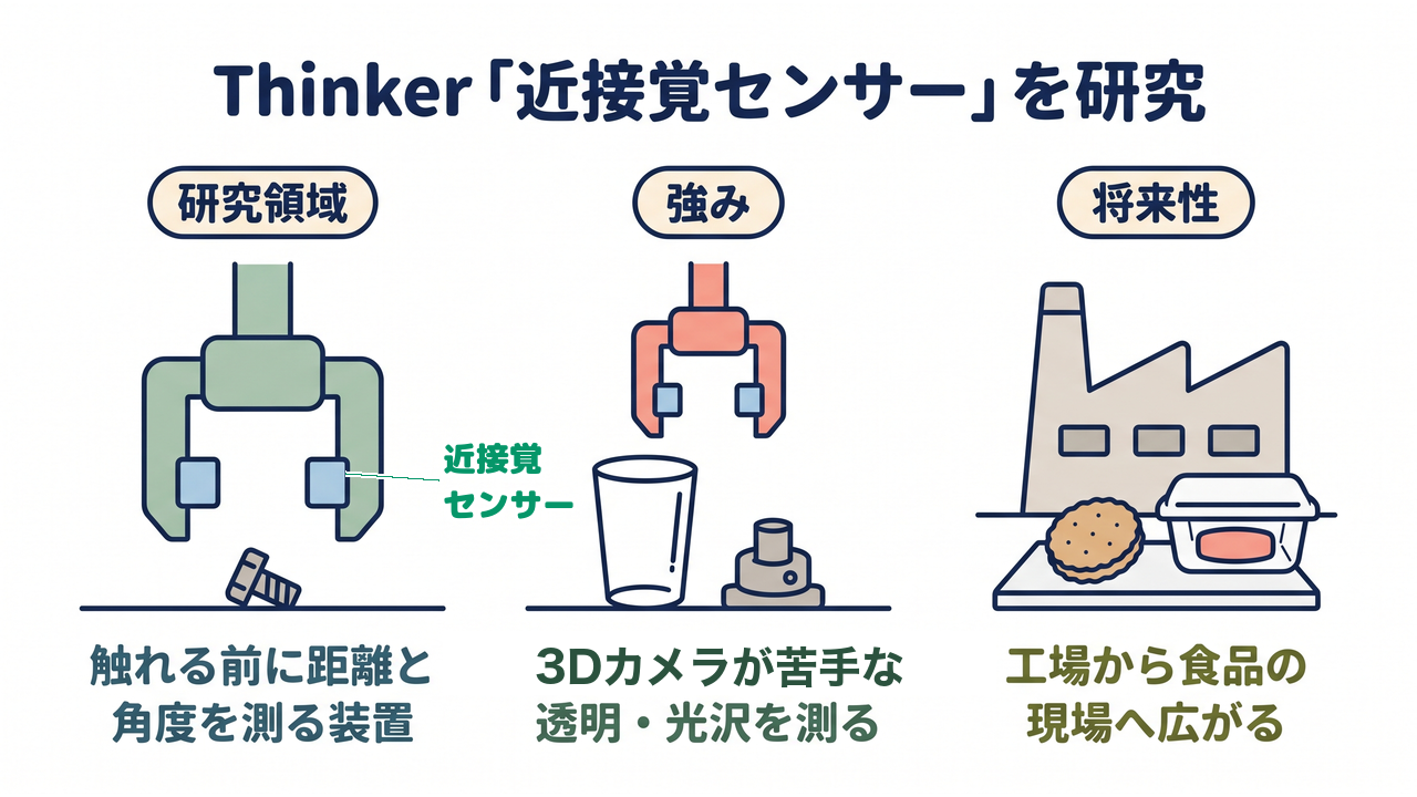 Thinker「近接覚センサー」を研究|触れる前に距離と角度を測る装置/3Dカメラが苦手な透明・光沢を測る/工場から食品の現場へ広がる