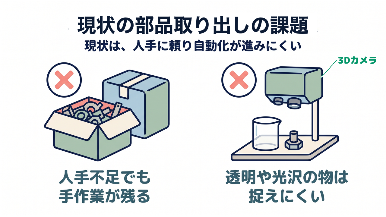 現状の部品取り出しの課題|現状は、人手に頼り自動化が進みにくい/人手不足でも手作業が残る/透明や光沢の物は捉えにくい
