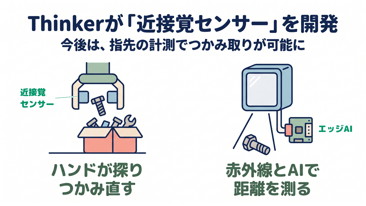 Thinkerが「近接覚センサー」を開発|今後は、指先の計測でつかみ取りが可能に/ハンドが探りつかみ直す/赤外線とAIで距離を測る