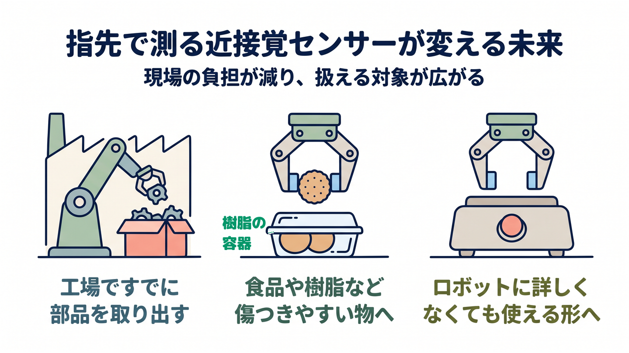 指先で測る近接覚センサーが変える未来|現場の負担が減り、扱える対象が広がる/工場ですでに部品を取り出す/食品や樹脂など傷つきやすい物へ/ロボットに詳しくなくても使える形へ