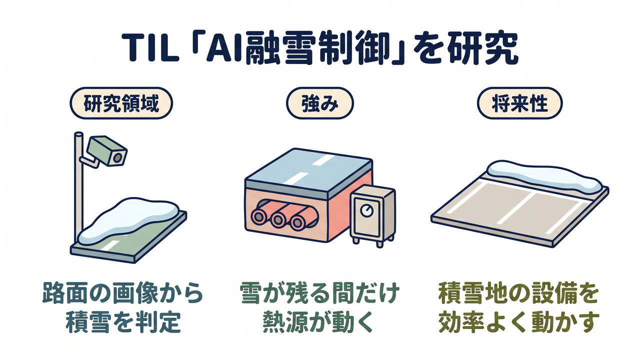 TIL「AI融雪制御」を研究｜研究領域=路面の画像から積雪を判定／強み=雪が残る間だけ熱源が動く／将来性=積雪地の設備を効率よく動かす
