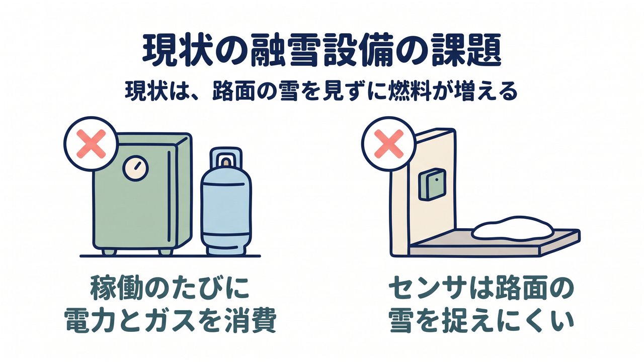 現状の融雪設備の課題｜現状は、路面の雪を見ずに燃料が増える／稼働のたびに電力とガスを消費／センサは路面の雪を捉えにくい