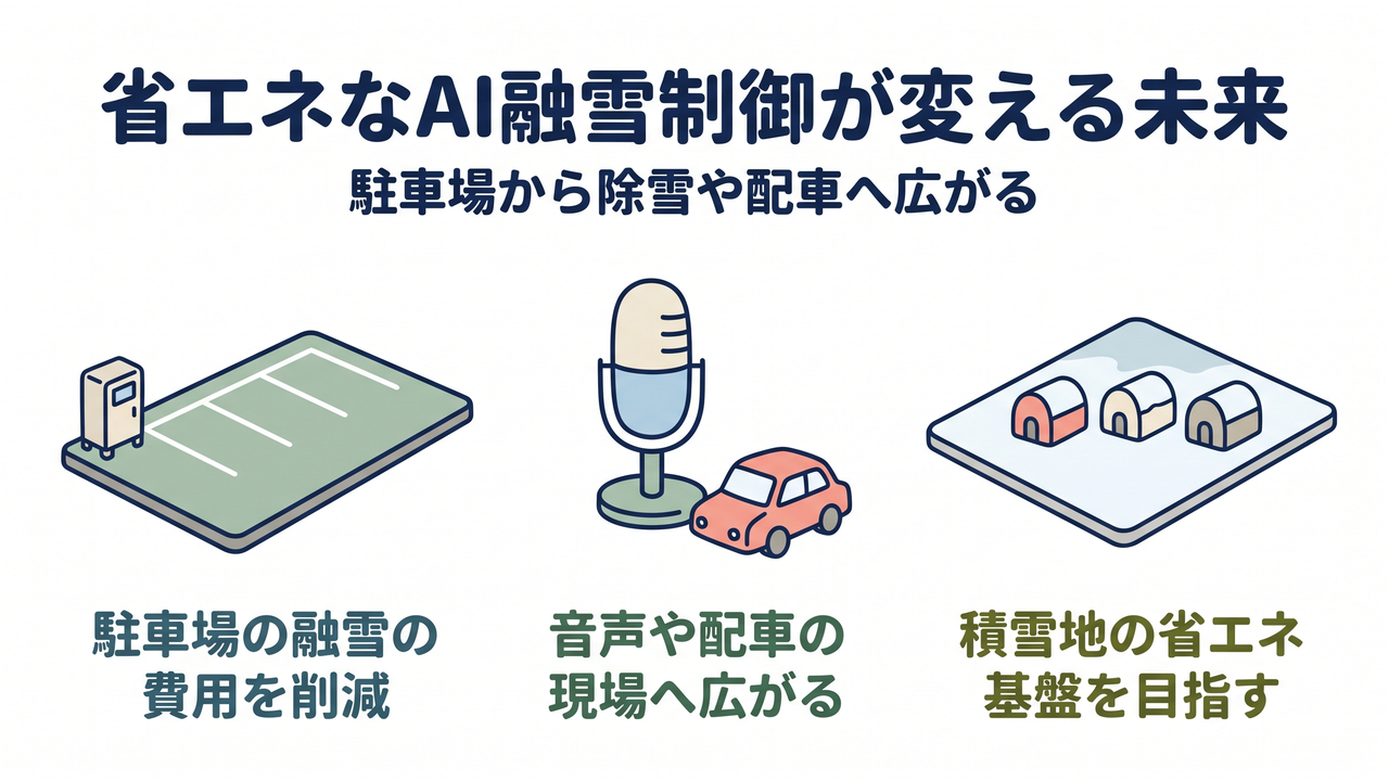 省エネなAI融雪制御が変える未来｜駐車場から除雪や配車へ広がる／駐車場の融雪の費用を削減／音声や配車の現場へ広がる／積雪地の省エネ基盤を目指す