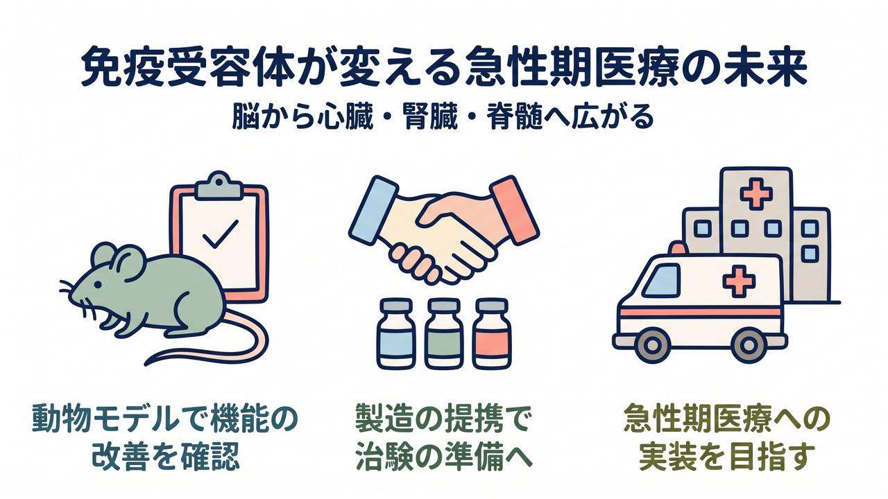 免疫受容体が変える急性期医療の未来|脳から心臓・腎臓・脊髄へ広がる|動物モデルで機能の改善を確認/製造の提携で治験の準備へ/急性期医療への実装を目指す