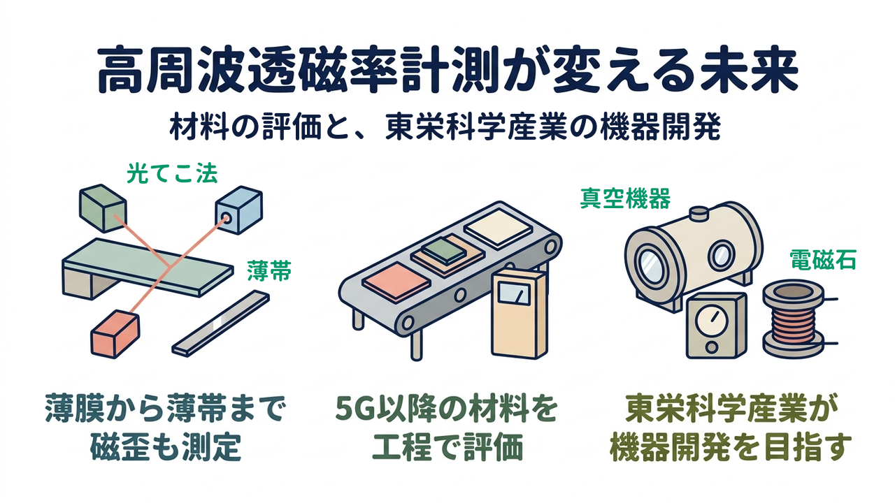 高周波透磁率計測が変える未来｜材料の評価と、東栄科学産業の機器開発｜薄膜から薄帯まで・磁歪も測定／5G以降の材料を・工程で評価／東栄科学産業が・機器開発を目指す