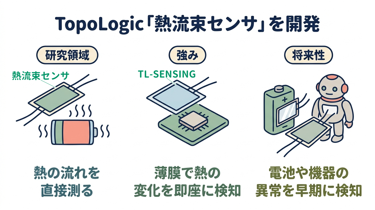TopoLogic「熱流束センサ」を開発｜研究領域=熱の流れを・直接測る／強み=薄膜で熱の・変化を即座に検知／将来性=電池や機器の・異常を早期に検知