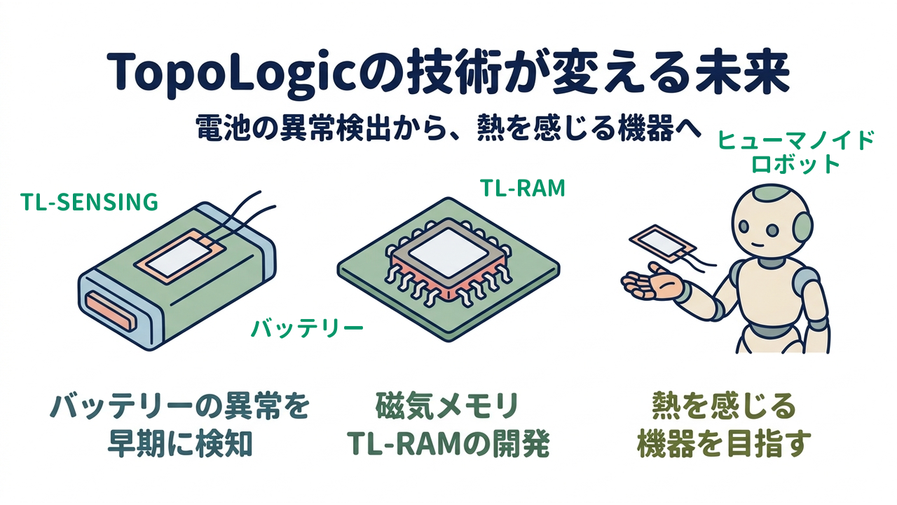 TopoLogicの技術が変える未来｜電池の異常検出から、熱を感じる機器へ｜バッテリーの異常を・早期に検知／磁気メモリ・TL-RAMの開発／熱を感じる・機器を目指す