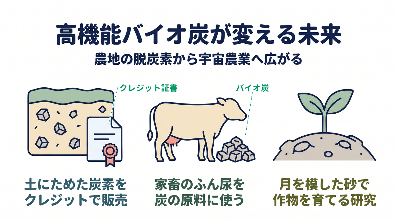 高機能バイオ炭が変える未来|土にためた炭素をクレジットで販売/家畜のふん尿を炭の原料に使う/月を模した砂で作物を育てる研究