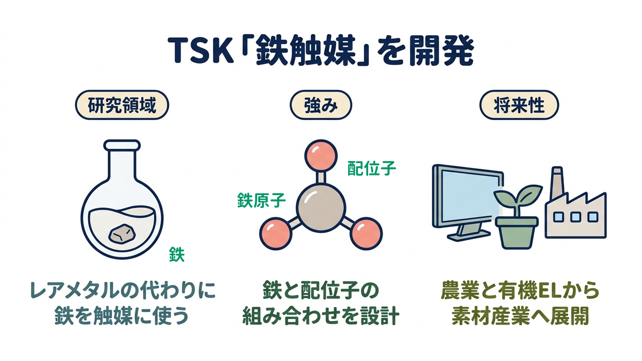 TSK「鉄触媒」を開発｜研究領域=レアメタルの代わりに・鉄を触媒に使う／強み=鉄と配位子の・組み合わせを設計／将来性=農業と有機ELから・素材産業へ展開