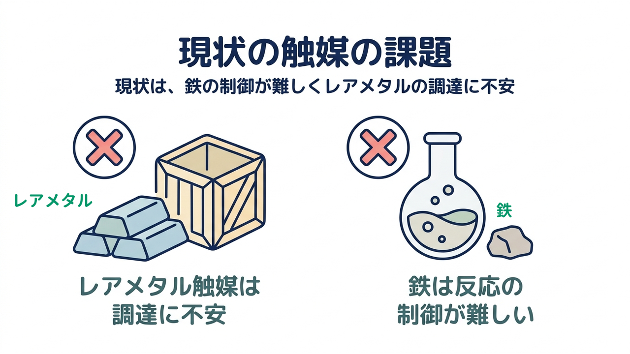 現状の触媒の課題｜現状は、鉄の制御が難しくレアメタルの調達に不安｜レアメタル触媒は・調達に不安／鉄は反応の・制御が難しい
