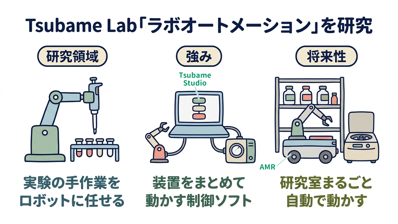 Tsubame Lab「ラボオートメーション」を研究｜研究領域=実験の手作業をロボットに任せる技術／強み=装置をまとめて動かす制御基盤／将来性=研究室全体を一つの自動化システムへ
