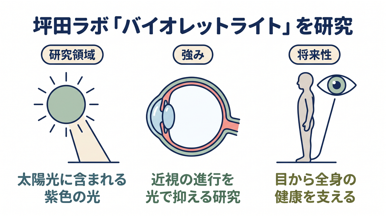 坪田ラボ「バイオレットライト」を研究｜研究領域=太陽光に含まれる紫色の光／強み=近視の進行を光で抑える研究／将来性=目から全身の健康を支える