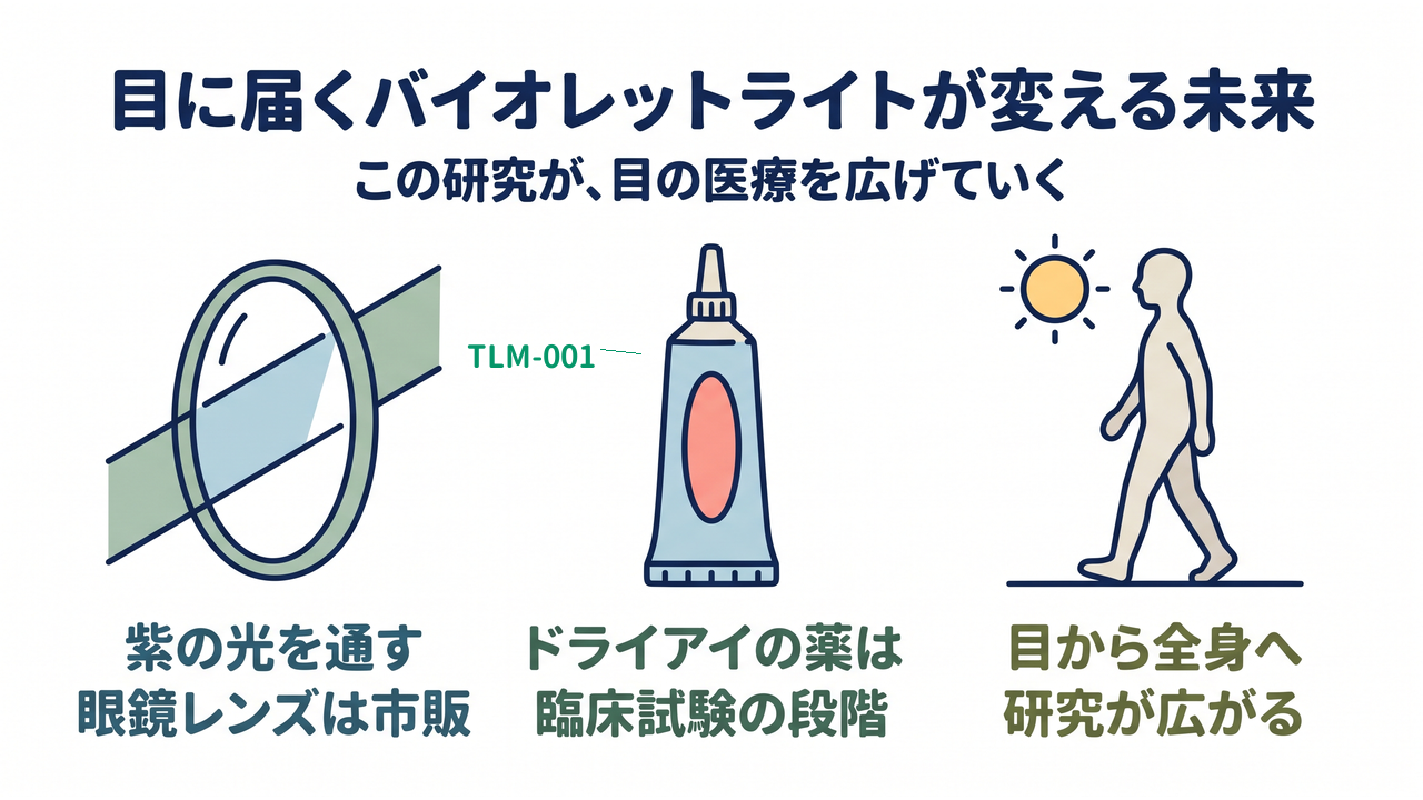 目に届くバイオレットライトが変える未来｜この研究が、目の医療を広げていく／紫の光を通す眼鏡レンズは市販／ドライアイの薬は臨床試験の段階／目から全身へ研究が広がる