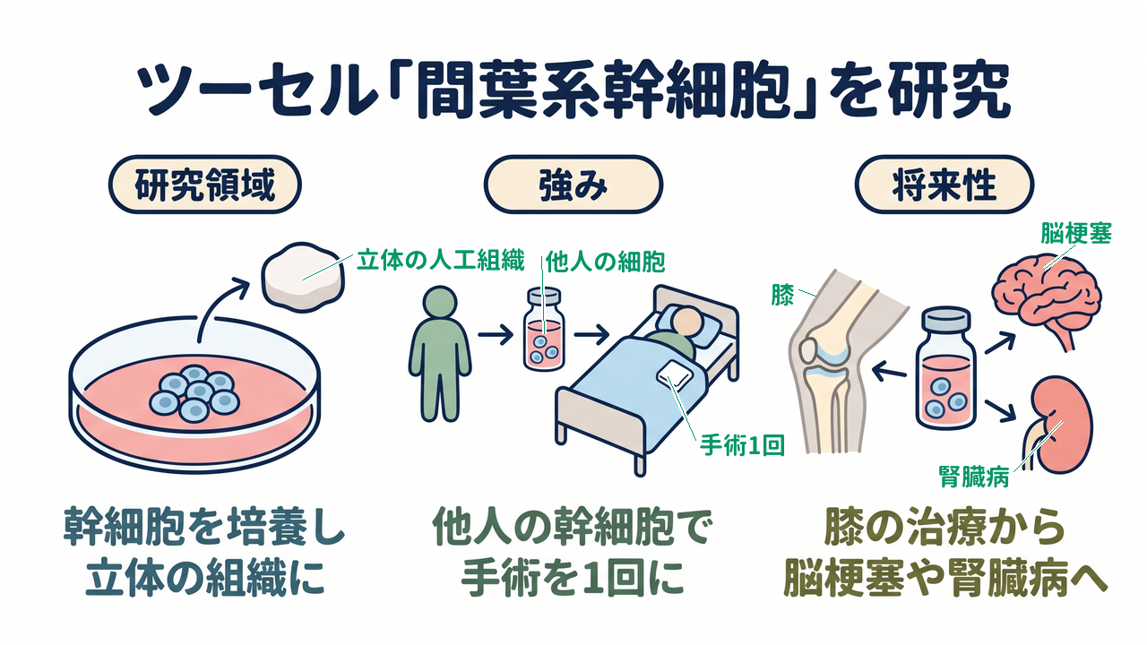 ツーセル「間葉系幹細胞」を研究｜研究領域=幹細胞を培養し・立体の組織に／強み=他人の幹細胞で・手術を1回に／将来性=膝の治療から・脳梗塞や腎臓病へ