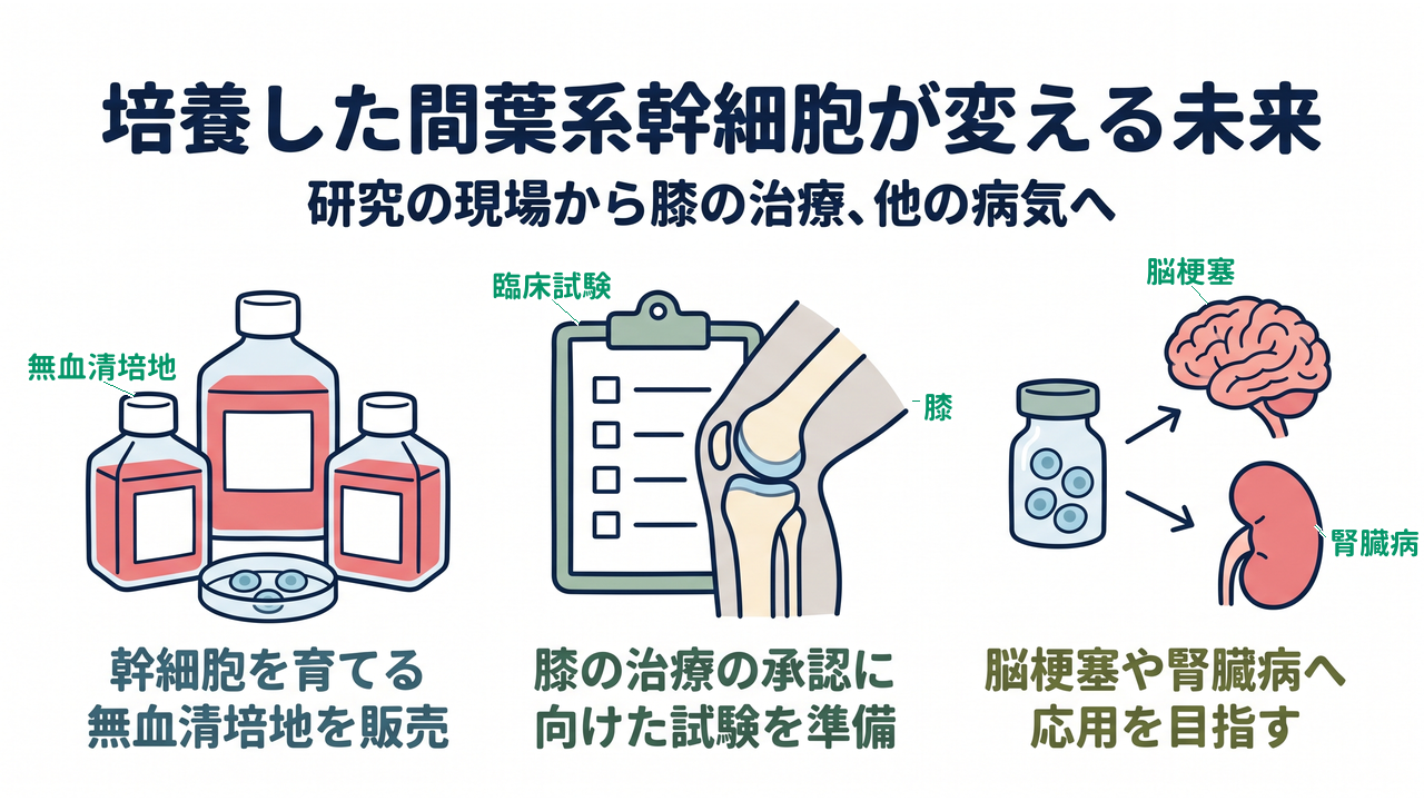 培養した間葉系幹細胞が変える未来｜研究の現場から膝の治療、他の病気へ｜幹細胞を育てる・無血清培地を販売／膝の治療の承認に・向けた試験を準備／脳梗塞や腎臓病へ・応用を目指す