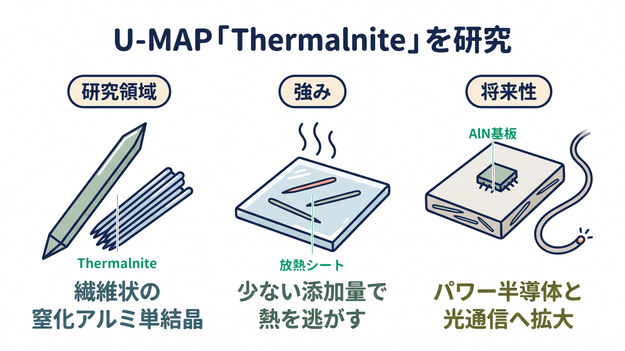 U-MAP|研究領域=繊維状の窒化アルミ単結晶/強み=少ない添加量で熱を逃がす/将来性=パワー半導体と光通信へ拡大
