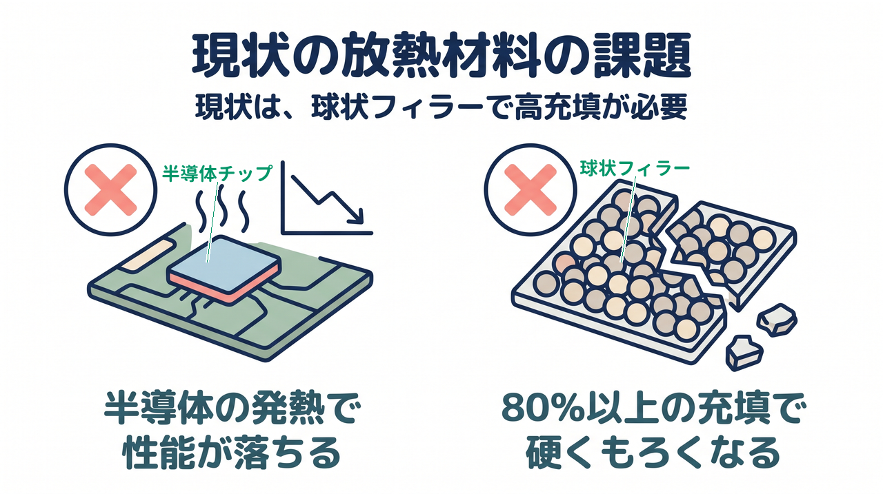 現状の放熱材料の課題|半導体の発熱で性能が落ちる/80%以上の充填で硬くもろくなる