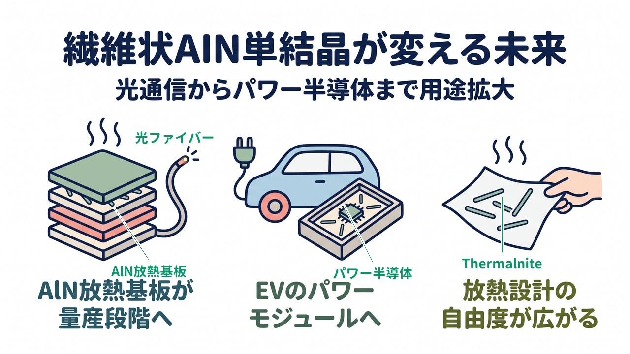 繊維状AlN単結晶が変える未来|AlN放熱基板が量産段階へ/EVのパワーモジュールへ/放熱設計の自由度が広がる