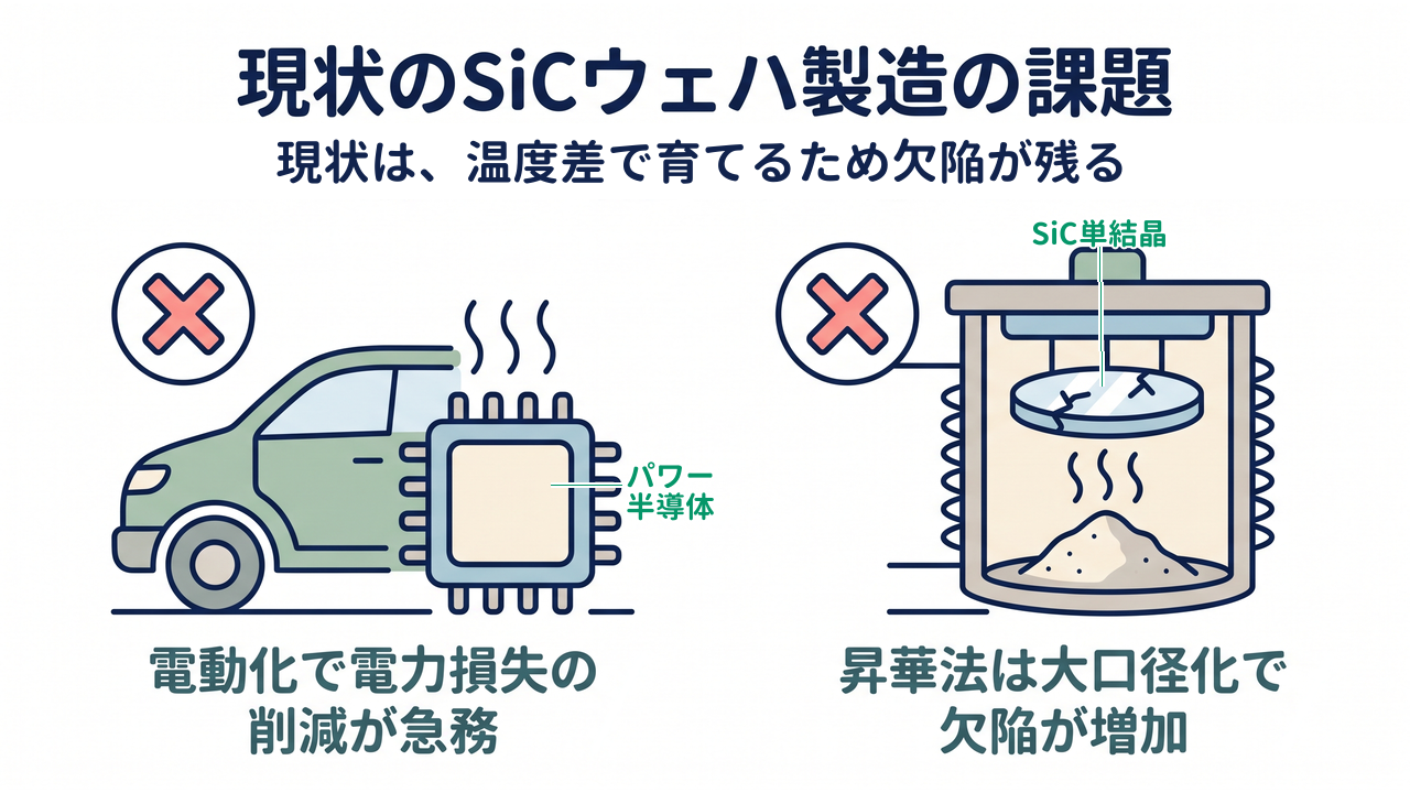 現状のSiCウェハ製造の課題|現状は温度差で育てるため欠陥が残る/電動化で電力損失の削減が急務/昇華法は大口径化で欠陥が増加