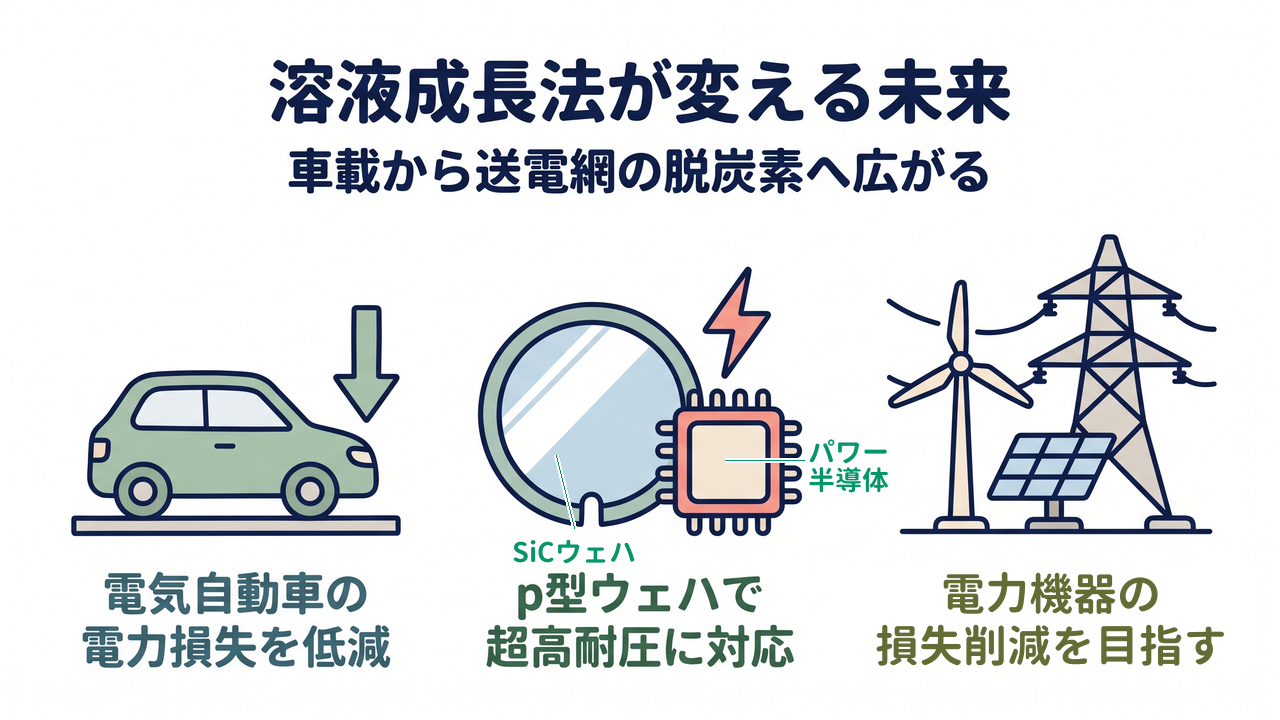 溶液成長法が変える未来|車載から送電網の脱炭素へ広がる/電気自動車の電力損失を低減/p型ウェハで超高耐圧に対応/電力機器の損失削減を目指す