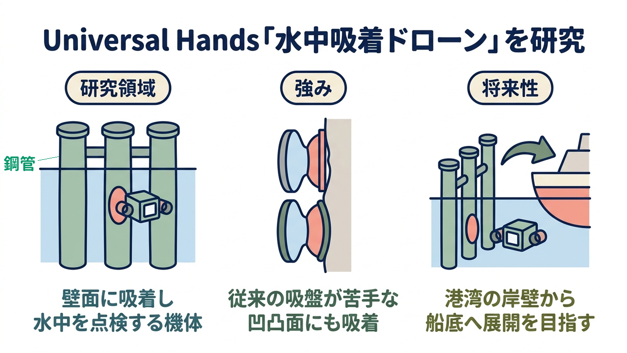 Universal Hands「水中吸着ドローン」を研究|研究領域=壁面に吸着し・水中を点検する機体/強み=従来の吸盤が苦手な・凹凸面にも吸着/将来性=港湾の岸壁から・船底へ展開を目指す