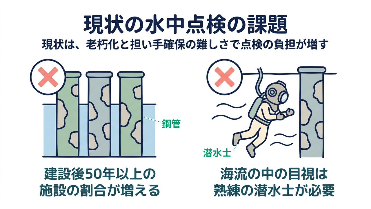 現状の水中点検の課題|現状は、老朽化と担い手確保の難しさで点検の負担が増す|建設後50年以上の・施設の割合が増える/海流の中の目視は・熟練の潜水士が必要