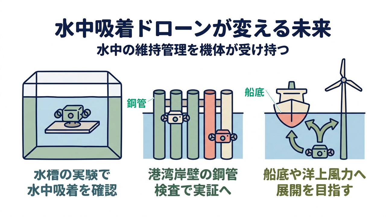 水中吸着ドローンが変える未来|水中の維持管理を機体が受け持つ|水槽の実験で・水中吸着を確認/港湾岸壁の鋼管・検査で実証へ/船底や洋上風力へ・展開を目指す