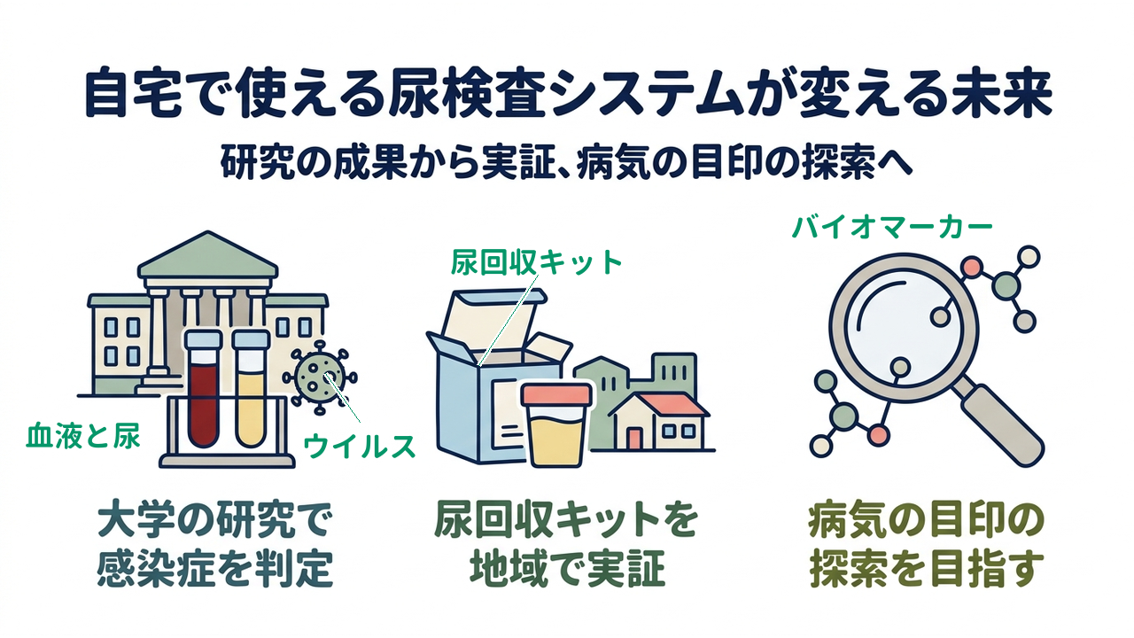 自宅で使える尿検査システムが変える未来｜研究の成果から実証、病気の目印の探索へ｜大学の研究で・感染症を判定／尿回収キットを・地域で実証／病気の目印の・探索を目指す