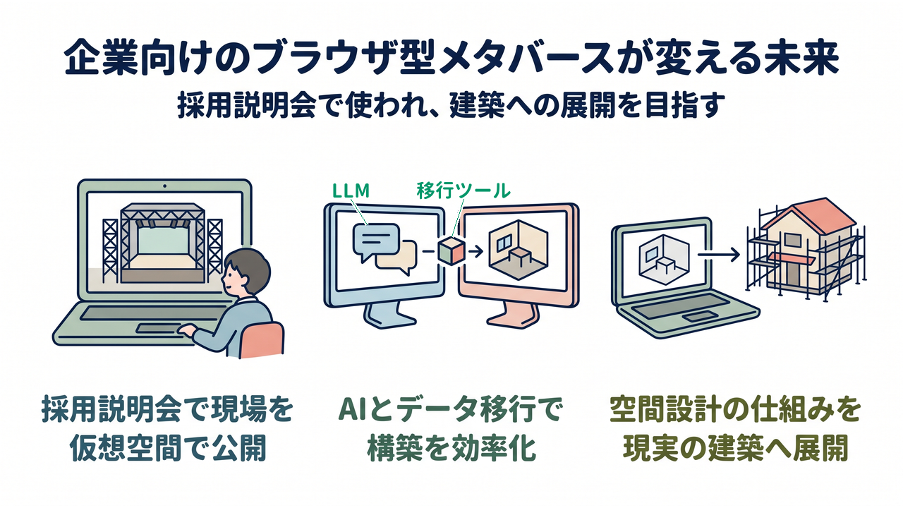 企業向けのブラウザ型メタバースが変える未来｜採用説明会で使われ、建築への展開を目指す｜採用説明会で現場を・仮想空間で公開／AIとデータ移行で・構築を効率化／空間設計の仕組みを・現実の建築へ展開