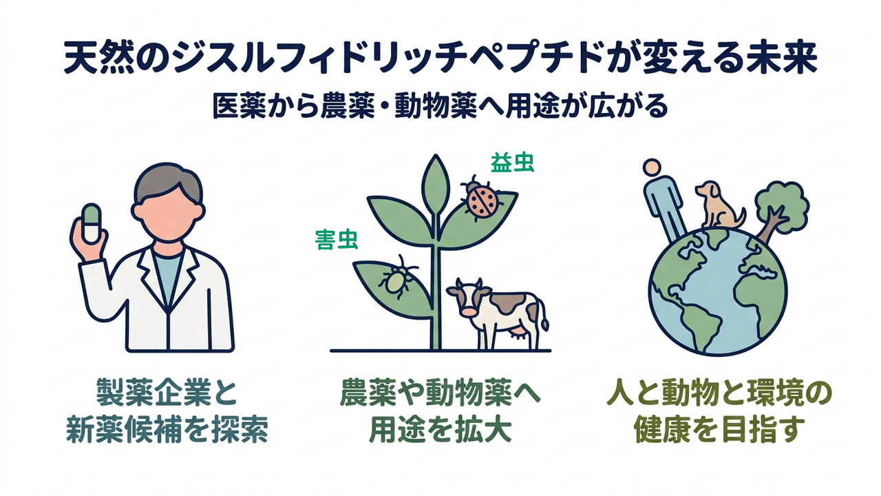 天然のジスルフィドリッチペプチドが変える未来｜医薬から農薬・動物薬へ用途が広がる／製薬企業と新薬候補を探索／農薬や動物薬へ用途を拡大／人と動物と環境の健康を目指す