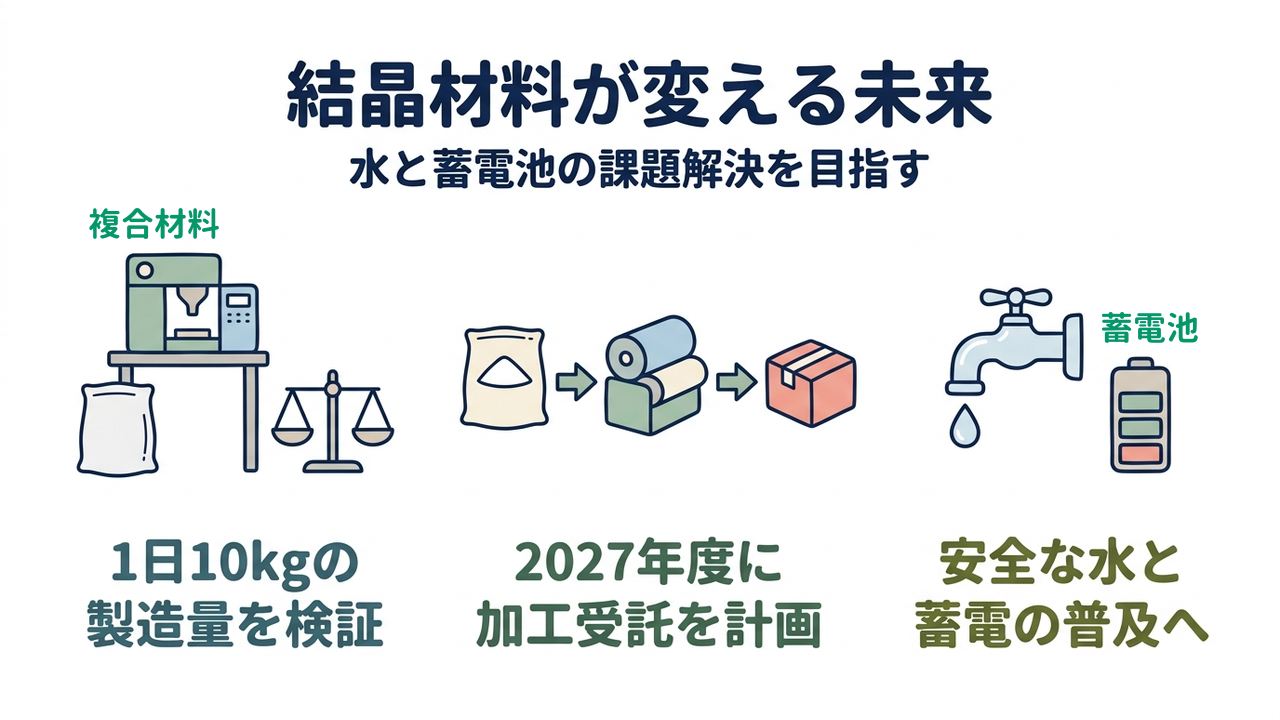 結晶材料が変える未来｜水と蓄電池の課題解決を目指す｜1日10kgの・製造量を検証／2027年度に・加工受託を計画／安全な水と・蓄電の普及へ