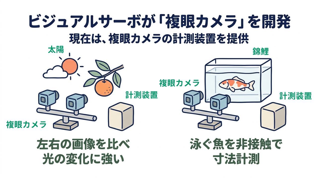 ビジュアルサーボが「複眼カメラ」を開発｜現在は、複眼カメラの計測装置を提供｜左右の画像を比べ・光の変化に強い／泳ぐ魚を非接触で・寸法計測