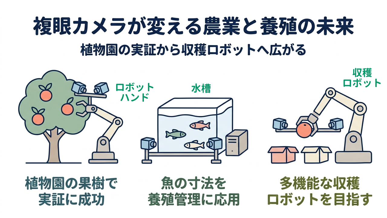 複眼カメラが変える農業と養殖の未来｜植物園の実証から収穫ロボットへ広がる｜植物園の果樹で・実証に成功／魚の寸法を・養殖管理に応用／多機能な収穫・ロボットを目指す