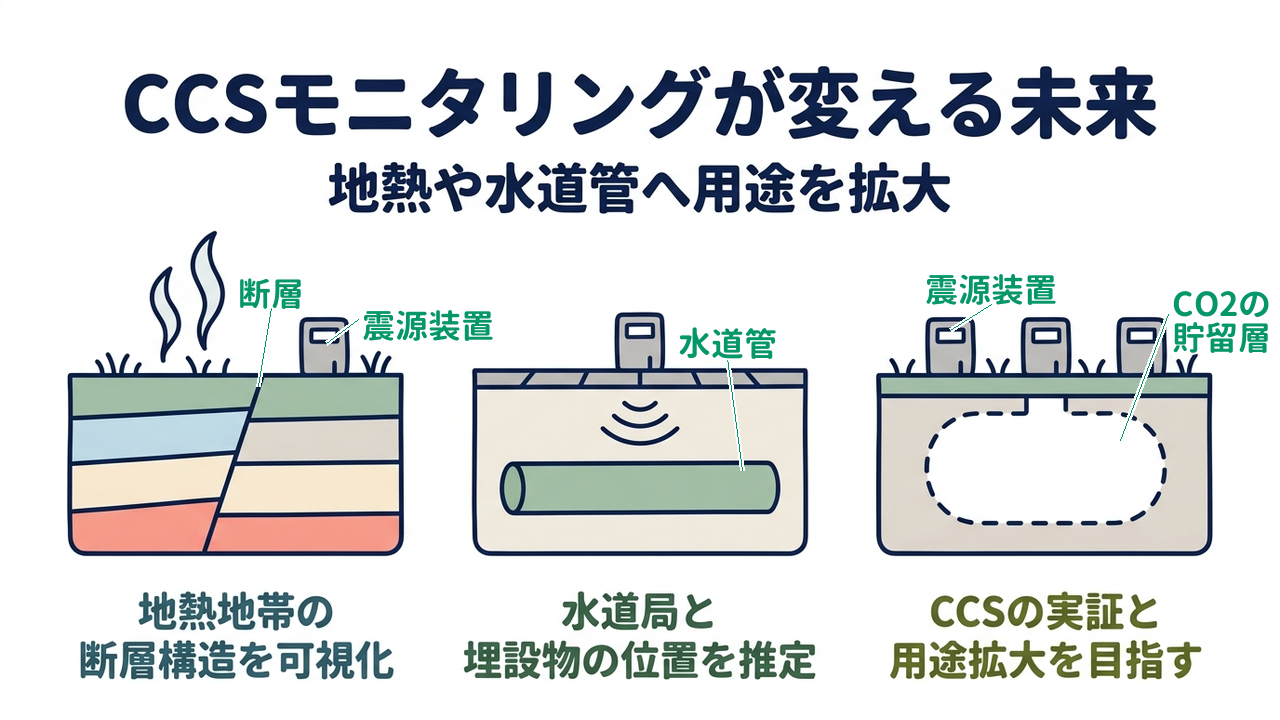 CCSモニタリングが変える未来｜地熱や水道管へ用途を拡大｜地熱地帯の・断層構造を可視化／水道局と・埋設物の位置を推定／CCSの実証と・用途拡大を目指す
