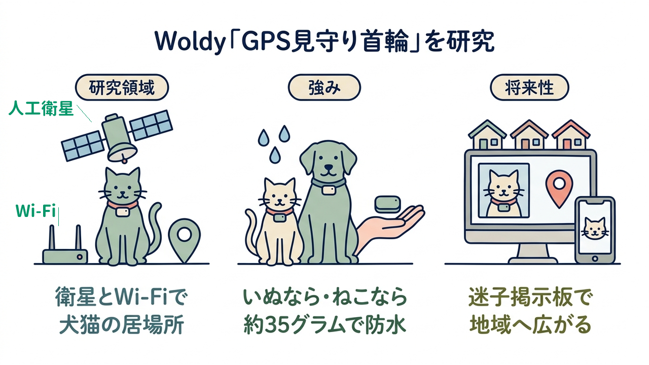 Woldy「GPS見守り首輪」を研究｜研究領域=衛星測位とWi-Fiによる位置情報／強み=約35グラムの防水デバイス／将来性=迷子掲示板で地域へ広がる捜索