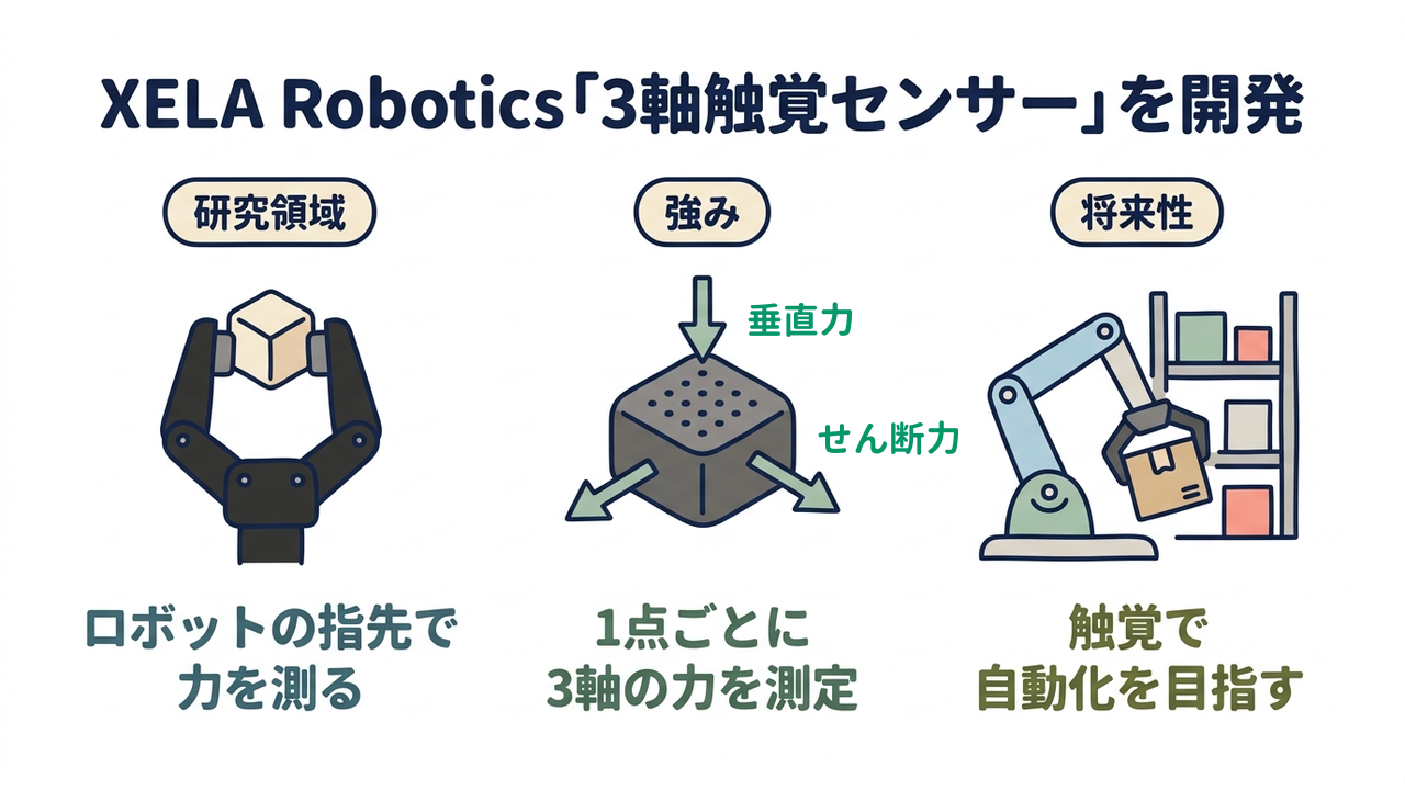 XELA Robotics「3軸触覚センサー」を開発｜研究領域=ロボットの指先で・力を測る／強み=1点ごとに・3軸の力を測定／将来性=触覚で・自動化を目指す