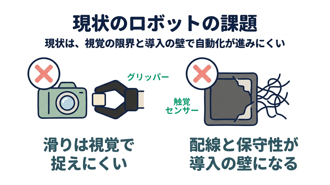 現状のロボットの課題｜現状は、視覚の限界と導入の壁で自動化が進みにくい｜滑りは・視覚で捉えにくい／配線と保守性が・導入の壁になる