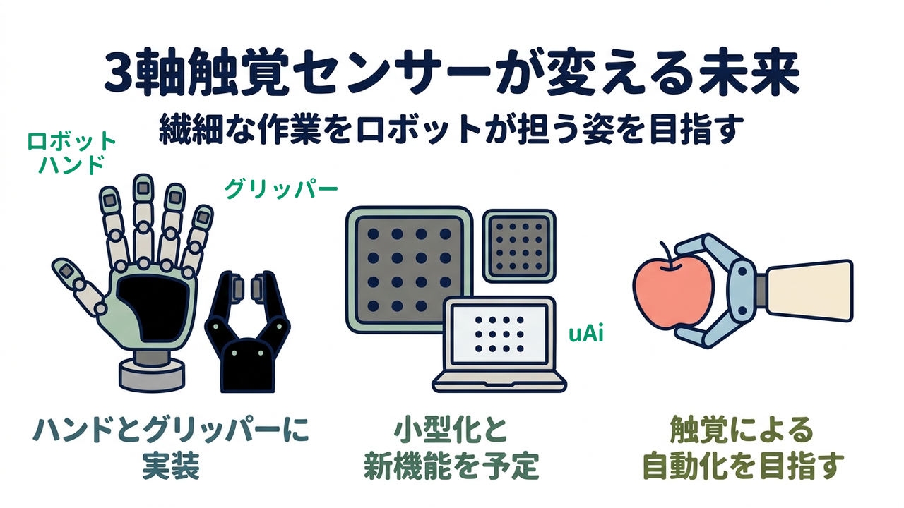 3軸触覚センサーが変える未来｜繊細な作業をロボットが担う姿を目指す｜ハンドとグリッパーに・実装／小型化と・新機能を予定／触覚による・自動化を目指す