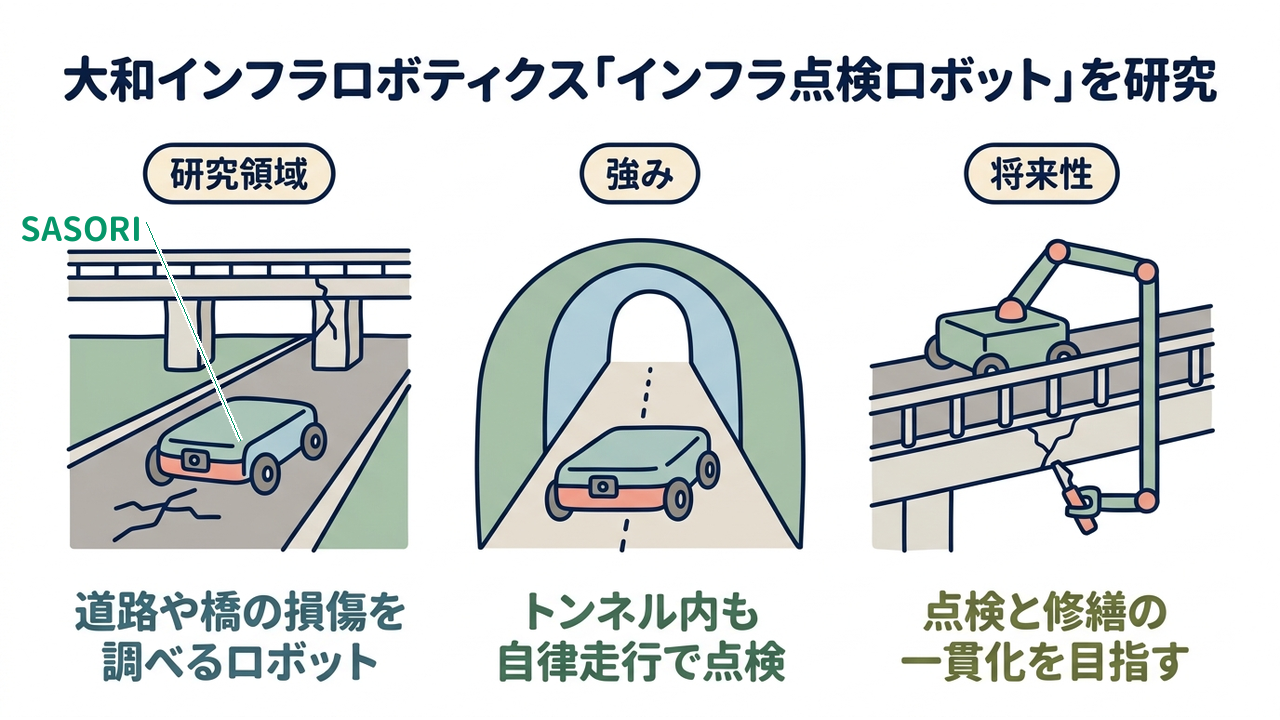 大和インフラロボティクス「インフラ点検ロボット」を研究|研究領域=道路や橋の損傷を調べるロボット/強み=トンネル内も自律走行で点検/将来性=点検と修繕の一貫化を目指す