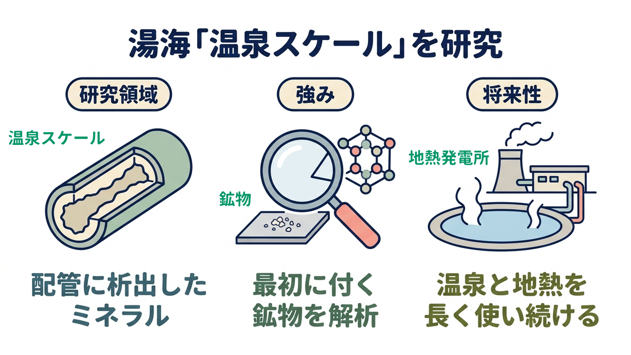 湯海「温泉スケール」を研究|研究領域=配管に析出したミネラル/強み=最初に付く鉱物を解析/将来性=温泉と地熱を長く使い続ける