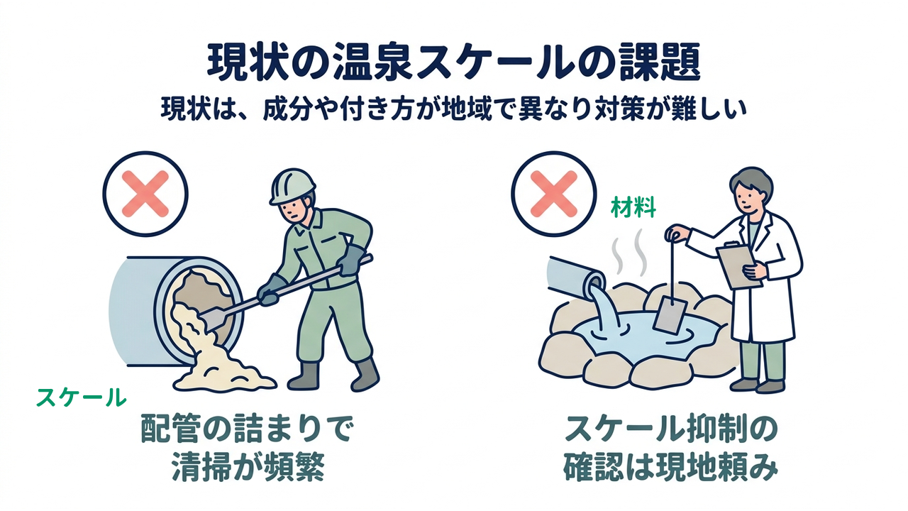 現状の温泉スケールの課題|現状は、成分や付き方が地域で異なり対策が難しい/配管の詰まりで清掃が頻繁/スケール抑制の確認は現地頼み