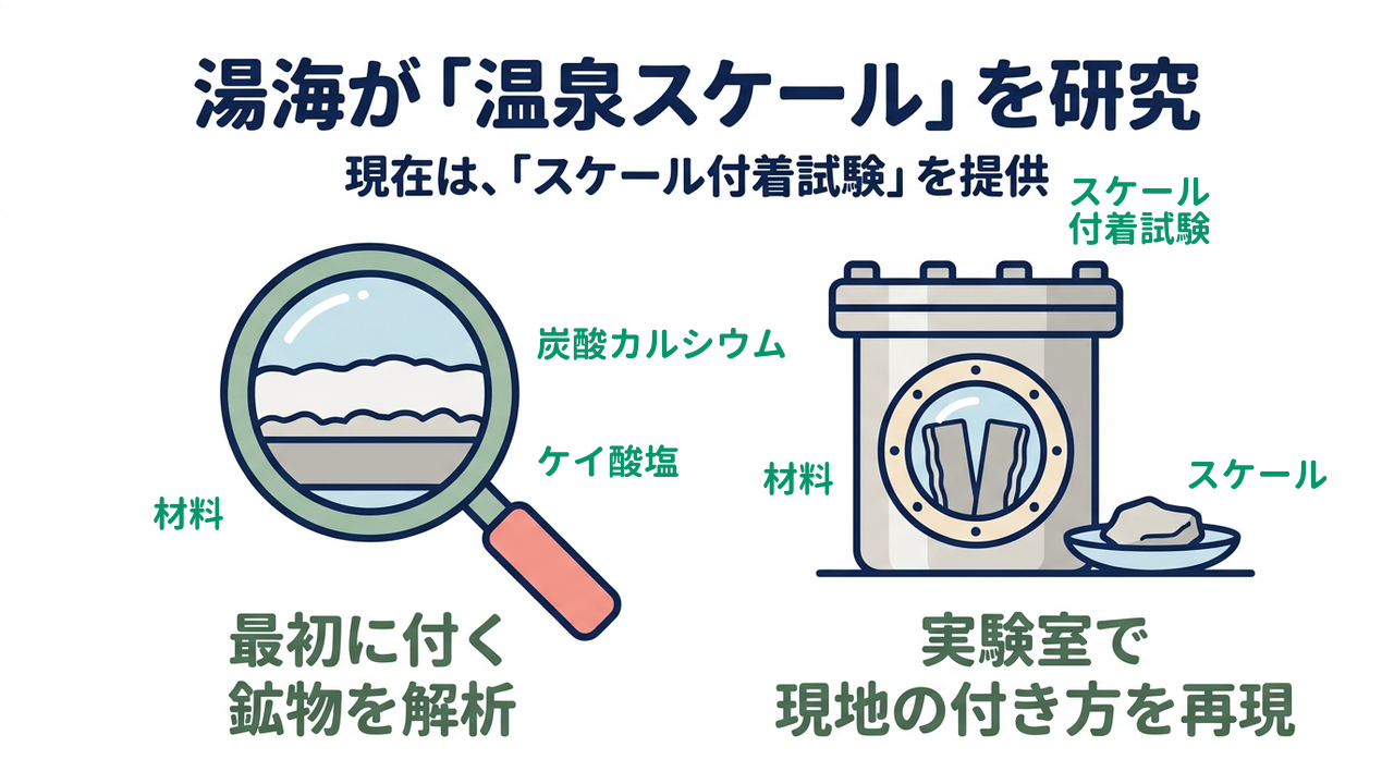 湯海が「温泉スケール」を研究|現在は、「スケール付着試験」を提供/最初に付く鉱物を解析/実験室で現地の付き方を再現