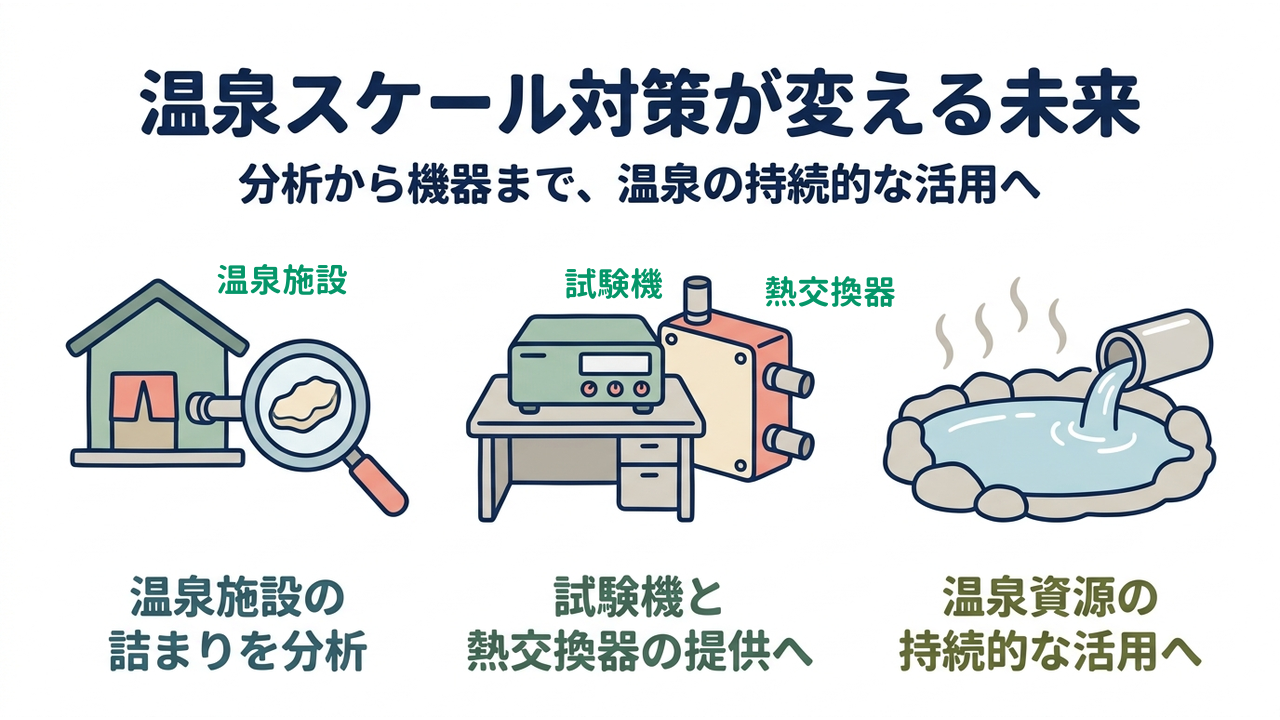 温泉スケール対策が変える未来|分析から機器まで、温泉の持続的な活用へ/温泉施設の詰まりを分析/試験機と熱交換器の提供へ/温泉資源の持続的な活用へ