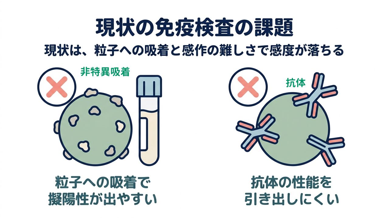 現状の免疫検査の課題｜現状は、粒子への吸着と感作の難しさで感度が落ちる／粒子への吸着で擬陽性が出やすい／抗体の性能を引き出しにくい