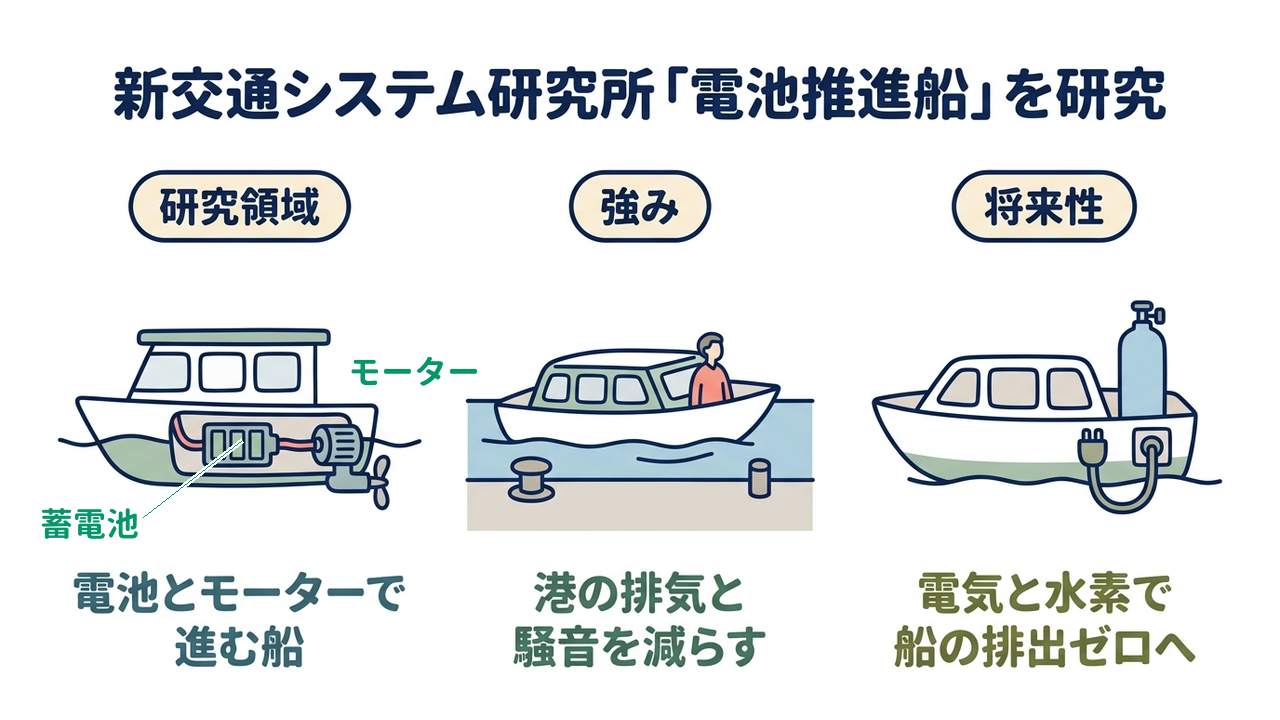 新交通システム研究所「電池推進船」を研究｜研究領域=電池とモーターで進む船／強み=港の排気と騒音を減らす／将来性=電気と水素で船の排出ゼロへ